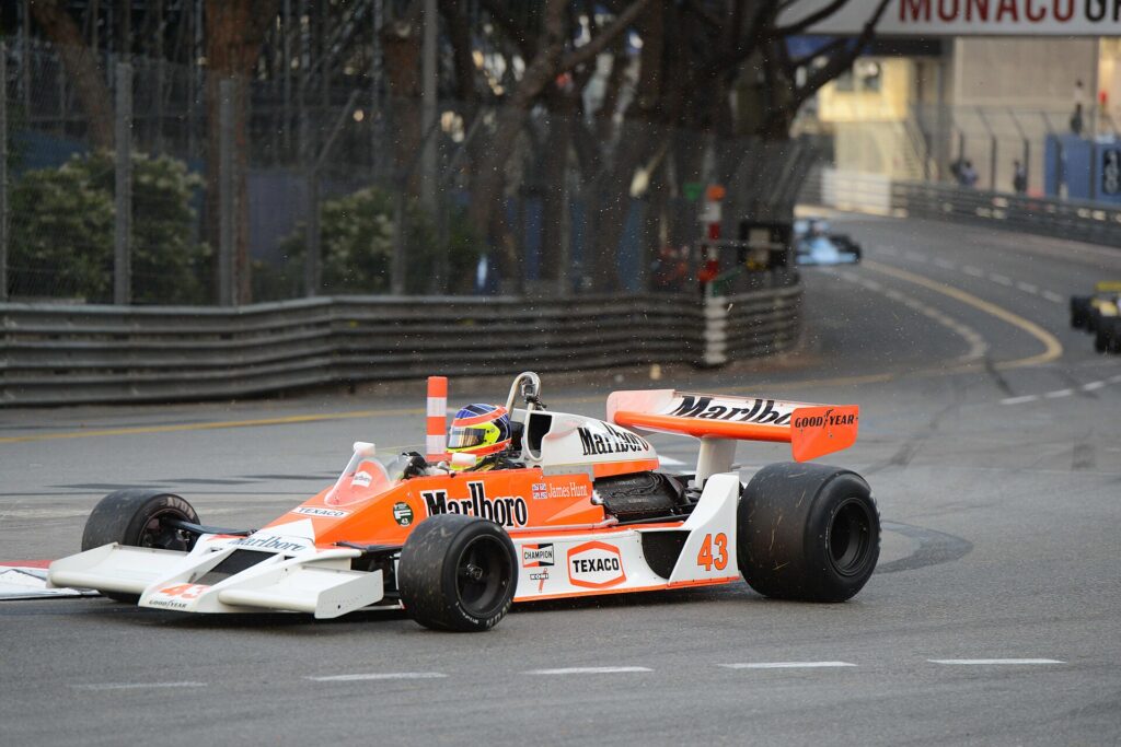 A 1970s McLaren Formula 1 car at the 2014 Grand Prix de Monaco Historique.