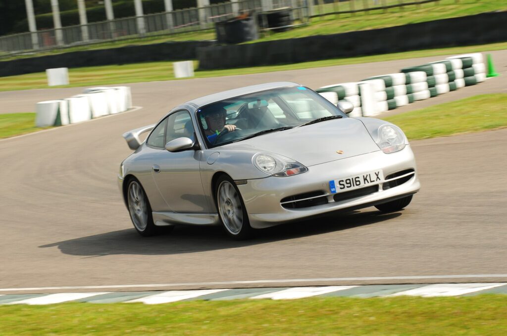 A 1999 Porsche 911 (996), the first water-cooled 911, with its controversial headlights.