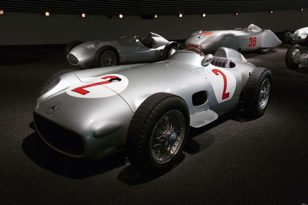 The Mercedes-Benz W196 R, the "Silver Arrow" in which Fangio won the 1954 and 1955 championships.