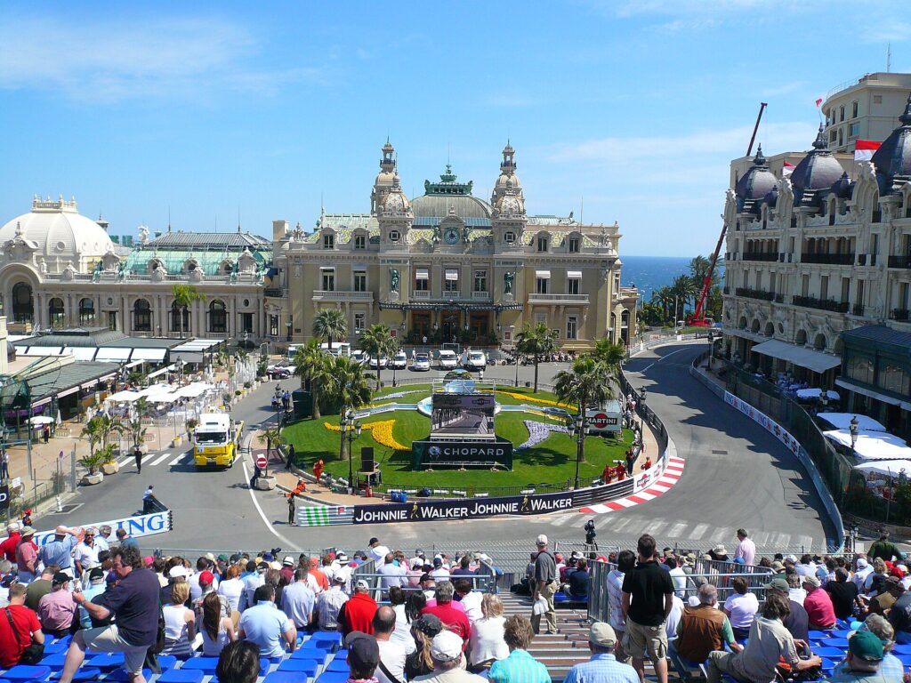 Casino Square during the Grand Prix Historique. Historic racing cars pass through the most famous part of the circuit.
